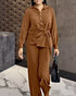 2 Pieces Outfit Turn-down Collar Button Front Drawstring Slit Asymmetrical Hem Top and Casual Elastic Back Waist Zipper Side Wide Leg Pants Set brown