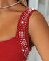 Square Neck Sequin & Tassel Decor Mesh Sleeve Bodycon Dress Zipper Back Party Dress red