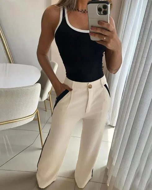 2 Piece Contrast Binding Sleeveless Slim Fit Tank Top and Striped Pants Sets Tracksuits Match Sets black