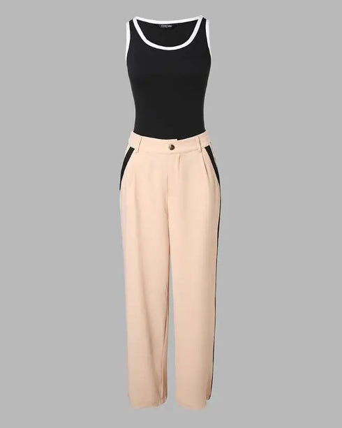 2 Piece Contrast Binding Sleeveless Slim Fit Tank Top and Striped Pants Sets Tracksuits Match Sets black
