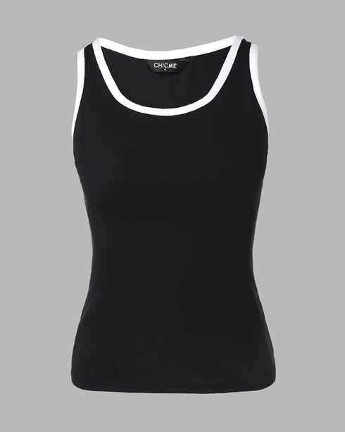 2 Piece Contrast Binding Sleeveless Slim Fit Tank Top and Striped Pants Sets Tracksuits Match Sets black