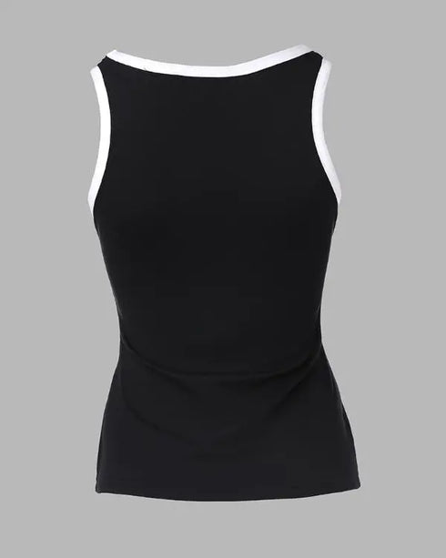 2 Piece Contrast Binding Sleeveless Slim Fit Tank Top and Striped Pants Sets Tracksuits Match Sets black