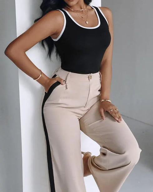 2 Piece Contrast Binding Sleeveless Slim Fit Tank Top and Striped Pants Sets Tracksuits Match Sets black