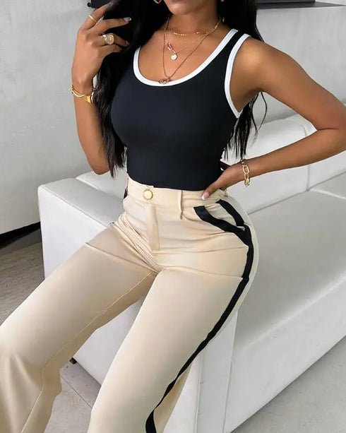 2 Piece Contrast Binding Sleeveless Slim Fit Tank Top and Striped Pants Sets Tracksuits Match Sets black