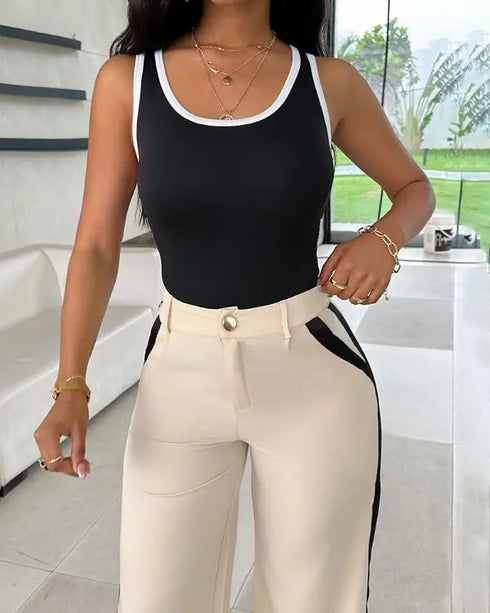 2 Piece Contrast Binding Sleeveless Slim Fit Tank Top and Striped Pants Sets Tracksuits Match Sets black