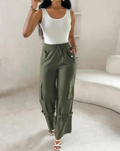 Snap Button Buckled Drawstring Cargo Pants Army green
