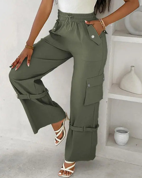 Snap Button Buckled Drawstring Cargo Pants Army green