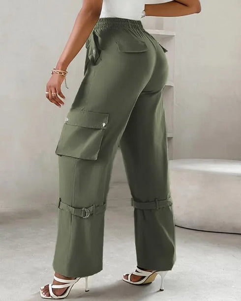 Snap Button Buckled Drawstring Cargo Pants Army green