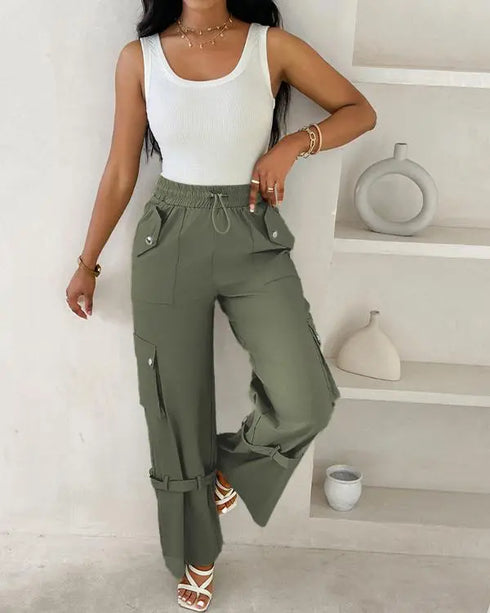 Snap Button Buckled Drawstring Cargo Pants Army green