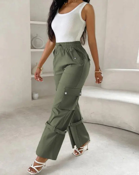 Snap Button Buckled Drawstring Cargo Pants Army green