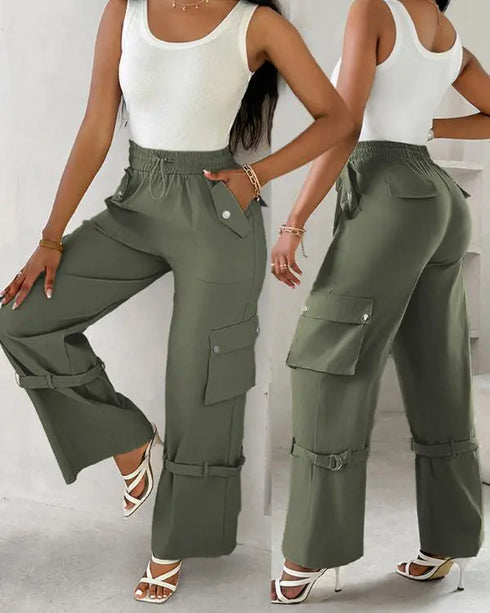 Snap Button Buckled Drawstring Cargo Pants Army green