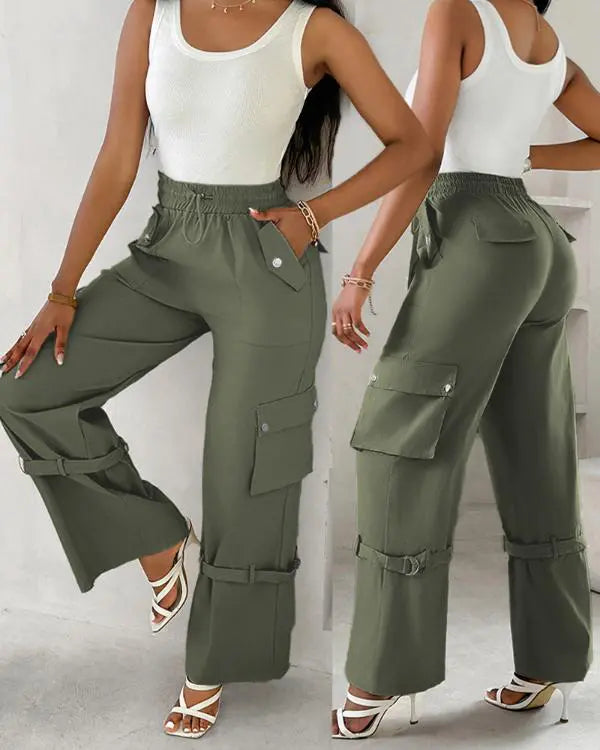 Snap Button Buckled Drawstring Cargo Pants Army green
