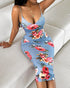 Lace Trim Spaghetti Strap Floral Print Dress blue