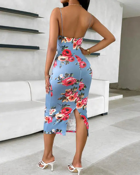 Lace Trim Spaghetti Strap Floral Print Dress blue