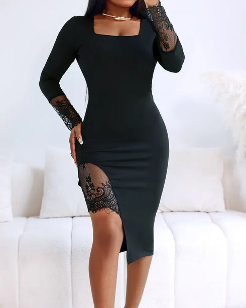 Womens One Shoulder Lace Insert Slit Bodycon Dress Cocktail Partywear black