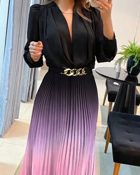 Ombre Plunge Pleated Midi Dress With Chain Decor Belt black