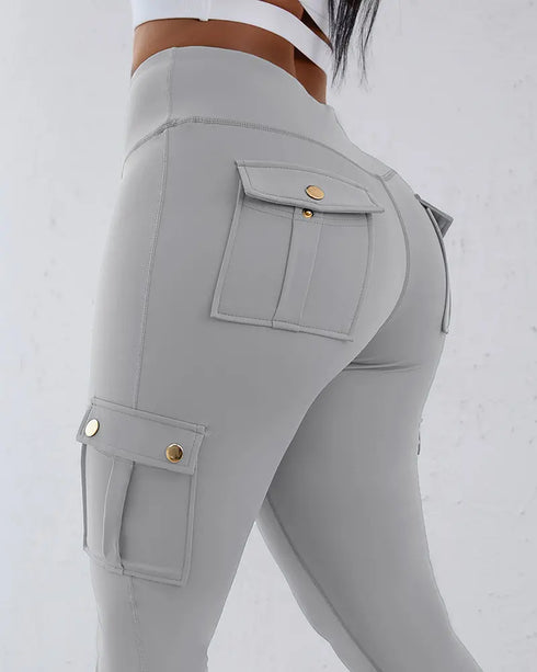 Butt Lifting Leggings with Flap Pockets High Waist Tummy Control Workout Cargo Pants light gray