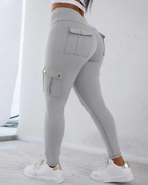 Camouflage Print High Waist Skinny Leggings with Cargo Flap Pockets Casual Pants light gray