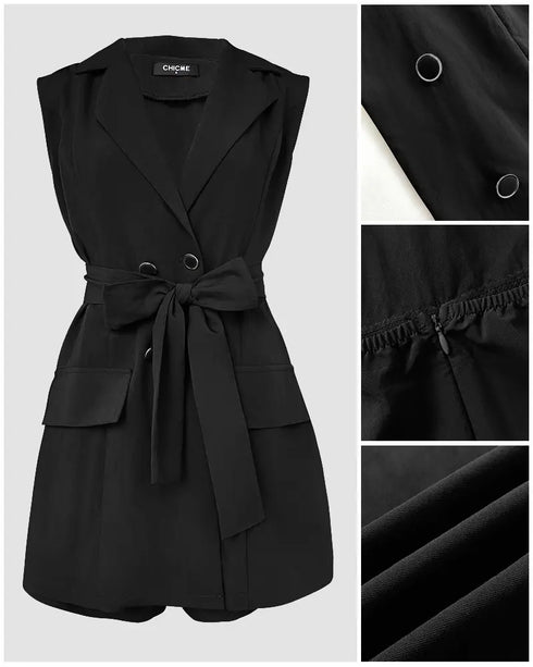 Notched Collar Sleeveless Tied Detail Button Romper black