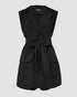 Notched Collar Sleeveless Tied Detail Button Romper black