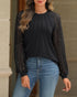 Floral Pattern Contrast Sequin Sheer Mesh Ruched Lantern Sleeve Blouse Elegant Top black