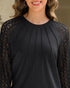 Floral Embroidery Round Neck Lantern Sleeve Blouse Sexy Sheer Mesh Patch Ruched Top black