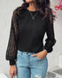 3D Polka Dot Appliques Mesh Long Sleeve Blouse Casual Shirred Cuffs Seam Front Top black