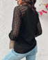 Contrast Lace Round Neck Lantern Sleeve Ruched Blouse Elegant Shirt black