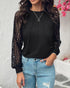 Contrast Lace Round Neck Lantern Sleeve Ruched Blouse Elegant Shirt black