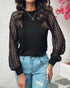 Floral Embroidery Round Neck Lantern Sleeve Blouse Sexy Sheer Mesh Patch Ruched Top black