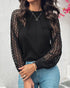 Floral Embroidery Round Neck Lantern Sleeve Blouse Sexy Sheer Mesh Patch Ruched Top black