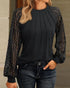 Floral Embroidery Round Neck Lantern Sleeve Blouse Sexy Sheer Mesh Patch Ruched Top black