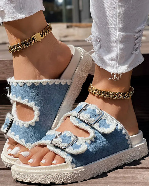 Round Toe Flat Slippers with Denim Trim light blue