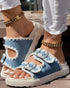 Round Toe Flat Slippers with Denim Trim light blue