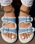 Round Toe Flat Slippers with Denim Trim light blue