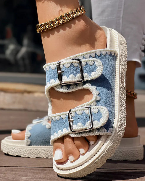 Round Toe Flat Slippers with Denim Trim light blue