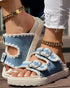 Round Toe Flat Slippers with Denim Trim light blue