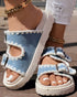 Round Toe Flat Slippers with Denim Trim light blue
