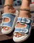 Round Toe Flat Slippers with Denim Trim light blue