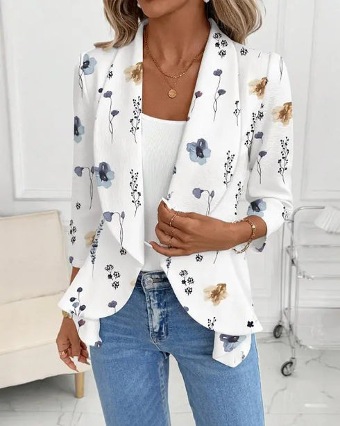 Floral Print Shawl Collar Three Quarters Sleeve Open Front Coat Casual Cinched Waist Flared Hem Blazer Coat white
