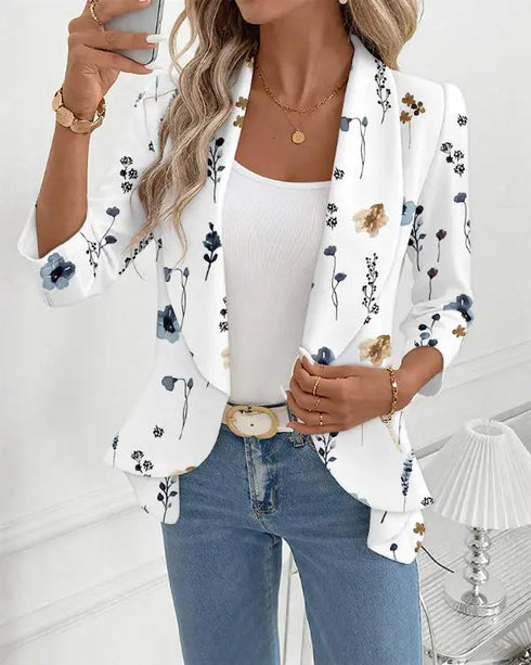 Floral Print Shawl Collar Three Quarters Sleeve Open Front Coat Casual Cinched Waist Flared Hem Blazer Coat white