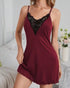 Crochet Lace V Neck Spaghetti Strap Sleepwear Dress Backless Black Slip Dress Babydoll Wine red