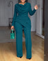 Cowl Neck Asymmetrical Textured Patchwork Cinched Waist Jumpsuit Casual Zipper Back Wide Leg Jumpsuit turquoise blue