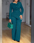Cowl Neck Asymmetrical Textured Patchwork Cinched Waist Jumpsuit Casual Zipper Back Wide Leg Jumpsuit turquoise blue