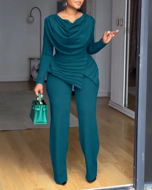 Cowl Neck Asymmetrical Textured Patchwork Cinched Waist Jumpsuit Casual Zipper Back Wide Leg Jumpsuit turquoise blue