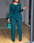 Cowl Neck Asymmetrical Textured Patchwork Cinched Waist Jumpsuit Casual Zipper Back Wide Leg Jumpsuit turquoise blue