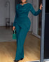 Cowl Neck Asymmetrical Textured Patchwork Cinched Waist Jumpsuit Casual Zipper Back Wide Leg Jumpsuit turquoise blue