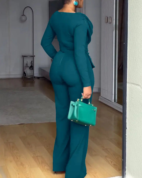 Cowl Neck Asymmetrical Textured Patchwork Cinched Waist Jumpsuit Casual Zipper Back Wide Leg Jumpsuit turquoise blue