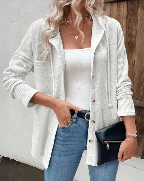 Long Sleeve Knit Ribbed Spliced Button Front Drawstring Hoodie Jacket Casual Drop Shoulder Pocket Design Asymmetrical Hem Coat white