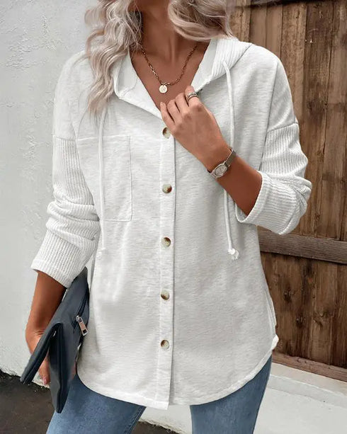 Long Sleeve Knit Ribbed Spliced Button Front Drawstring Hoodie Jacket Casual Drop Shoulder Pocket Design Asymmetrical Hem Coat white